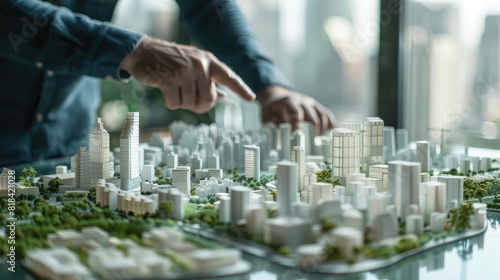 Architectural model of an urban development, with a man pointing at it on a glass table, 3D printed buildings and greenery around the city, futuristic office background, cinematic shot.