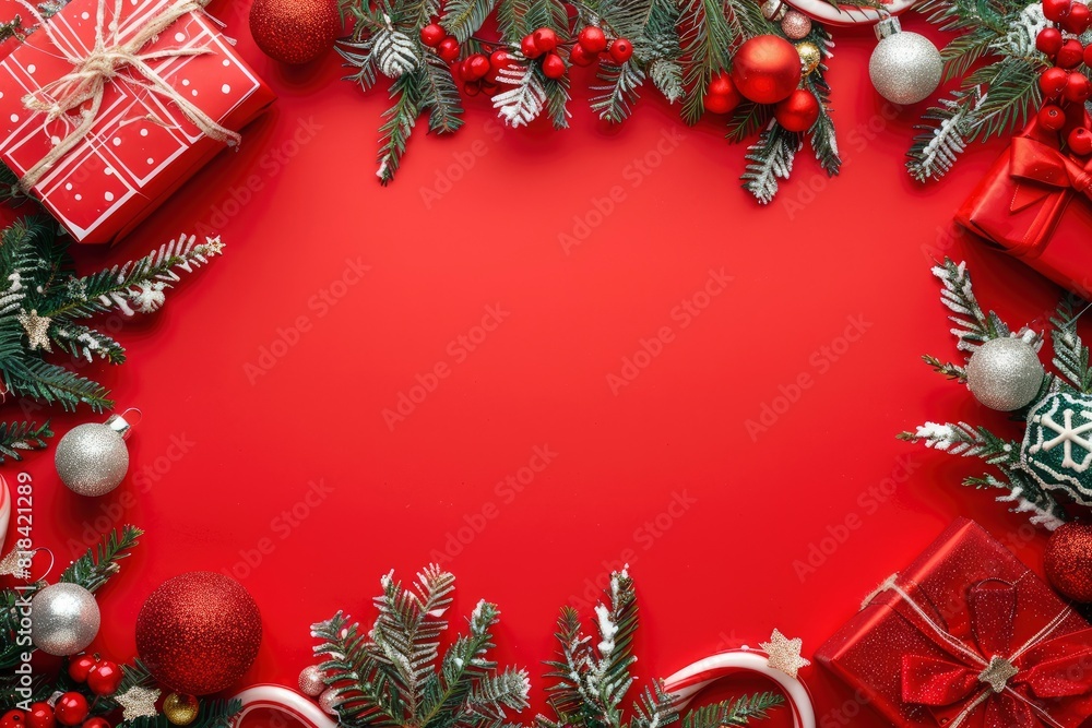 Card with Christmas frame for text with fir decorations and gifts on red background - generative ai Card with Christmas frame for text with fir decorations and gifts on red background - generative ai