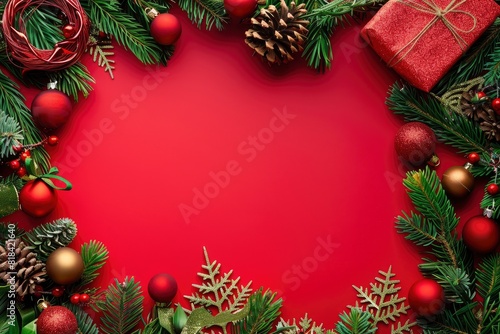 Card with Christmas frame for text with fir decorations and gifts on red background - generative ai