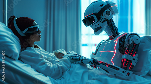A robot assists a patient wearing a VR headset in a futuristic hospital setting, highlighting advanced medical technology and compassionate care.