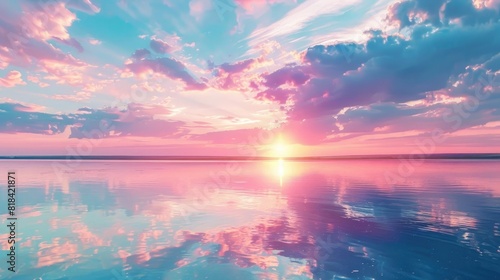 Beautiful colorful sunset with clouds and water reflection on lake or sea surface. Vibrant nature landscape with pink  blue sky at summer evening
