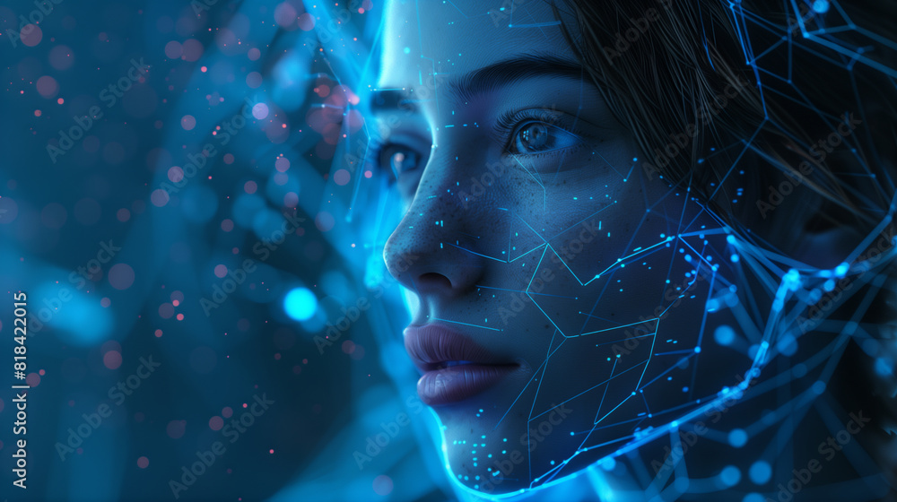 Close-up of a woman's face with a futuristic blue digital overlay, merging human features with advanced technological elements and glowing effects. Close-up of a woman's face with a futuristic blue digital overlay, merging human features with advanced technological elements and glowing effects.