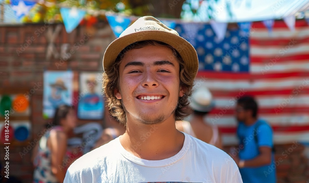 A young american smiling man on the background of the USA flag.Friends at a street summer party. Independence day usa concept, summer, city street, evening, party, garland 