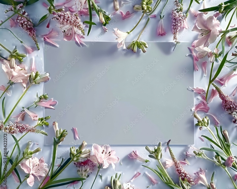 Top view of an empty postcard, which is surrounded by flowers. Mockup greeting card for Mother's Day, women's Day, Valentine's Day. Horizontal spring flower arrangement with a place for text.
