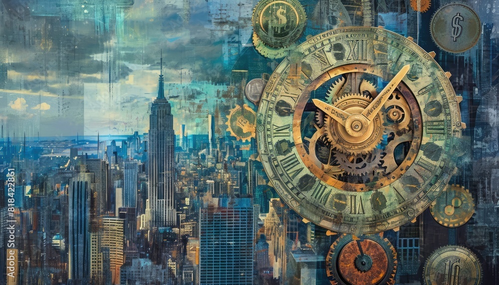 Obraz premium Abstract dual exposure of time concept in a big city 🌆⏳✨ Urban landscapes blend with clock faces, illustrating the dynamic interplay of time and city life #ModernTimelessness