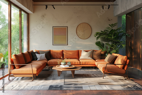 Mid-century style interior design of modern living room with terra cotta sofa and brown leather armchairs. Created with generative AI photo
