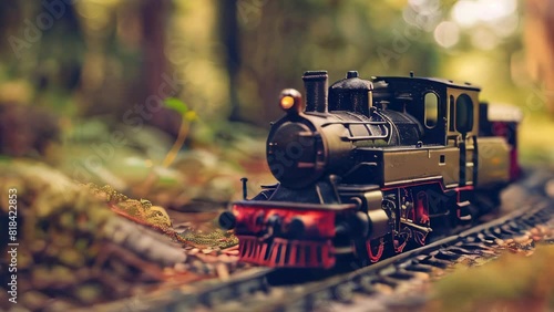 Miniature steam locomotive on model tracks in forest setting with headlight illuminated photo