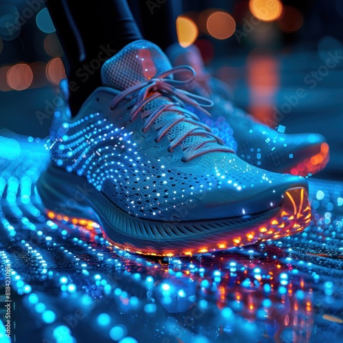 Close-up view of a digital abstract line athlete's shoe, with waves radiating from it data collection and processing for smart shoes in running sport technology.