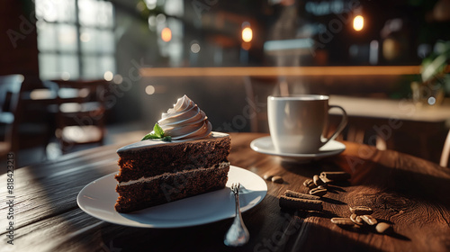 A steaming cup of coffee with a slice of rich chocolate cake © Neyro