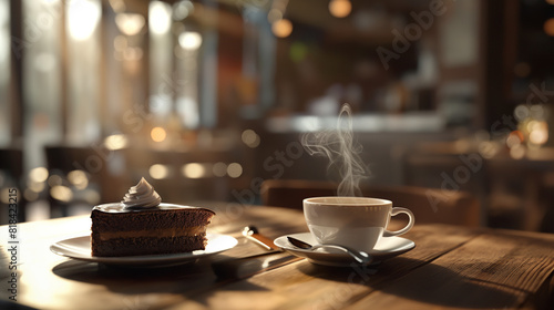 A steaming cup of coffee with a slice of rich chocolate cake