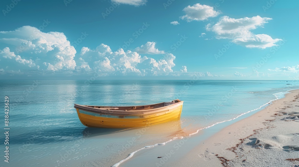 Naklejka premium A small yellow wooden rowboat Calm, clear blue waters, white sandy beaches, abandoned by the water. The bright colors contrast delicately with the natural tones of the sand and sea.