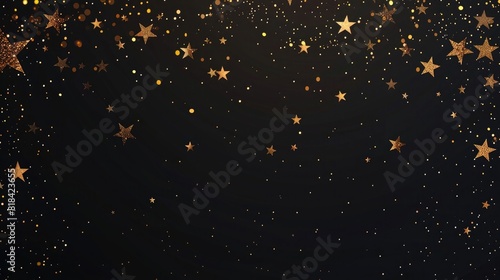 Black background with golden stars falling all over the place, flat vector illustration, flat design, high resolution, high details, high quality, high definition photo