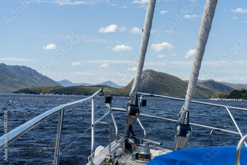 sailing on a yacht in the australian in the remote forest wilderness in spring in australia photo