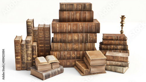 A collection of antique books with leather covers arranged in stacks  accompanied by a brass candlestick  set against a plain white background.