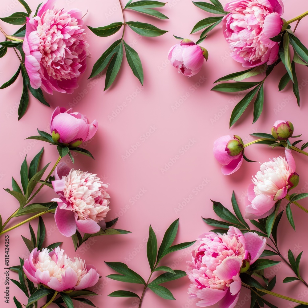 Peony flowers create a lovely frame on a pink background, providing a summer-inspired flat lay with generous copy space for your text or artwork.