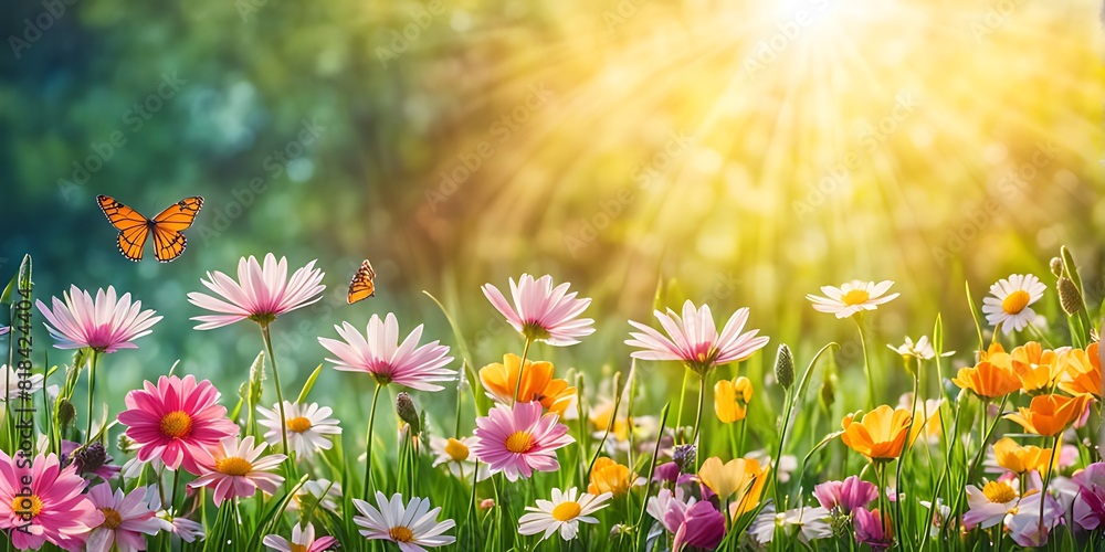Fototapeta premium Beautiful spring meadow with grass and flowers in sunlight background banner, spring themed designs, nature projects, backgrounds, greeting cards, and floral themed marketing materials. 