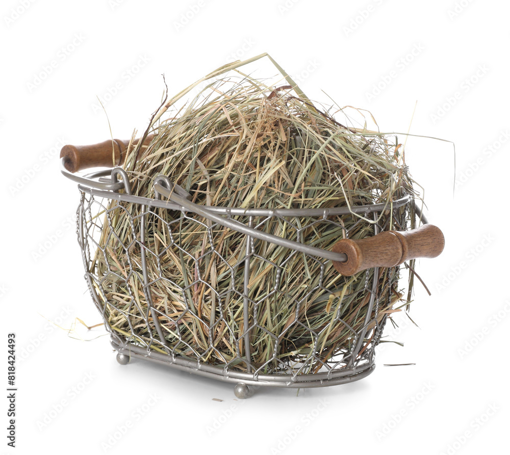 Obraz premium Dried hay in metal basket isolated on white