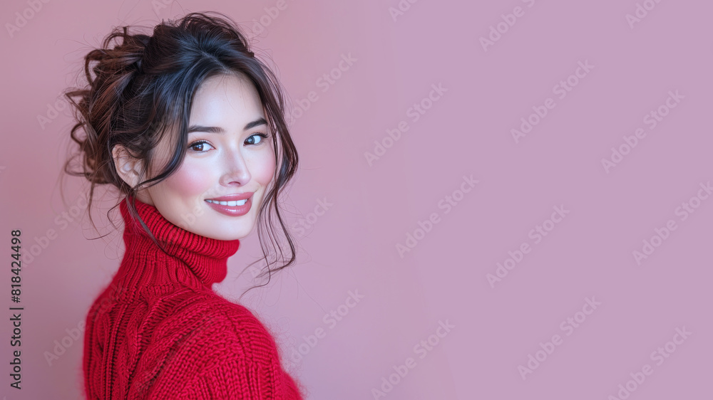 Asian woman in red turtleneck sweater, fashion beauty and cosmetic Asian woman in red turtleneck sweater, fashion beauty and cosmetic