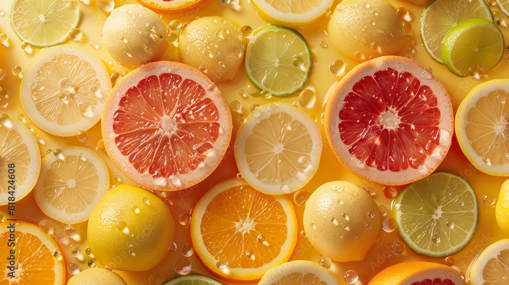 Citrus medley artfully arrayed on a lemonade-toned background for a summer vibe Citrus medley artfully arrayed on a lemonade-toned background for a summer vibe