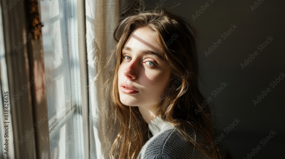 Fototapeta premium young woman stands and looks out the window