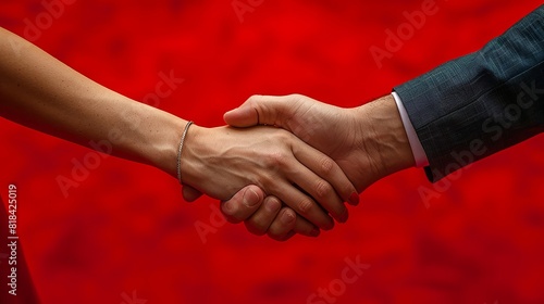 Elegant couple clasps hands on a vivid red backdrop