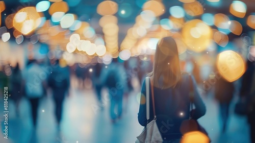 Blurred background of business people walking at a trade fair, conference or exhibition with bokeh lights