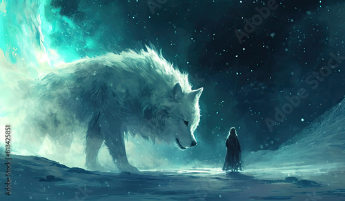 A girl in a dress stands in a snowy forest next to a large white wolf. photo