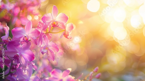 Orchid background  purple dendrobium blooming among bright sunlight  in soft blurred style