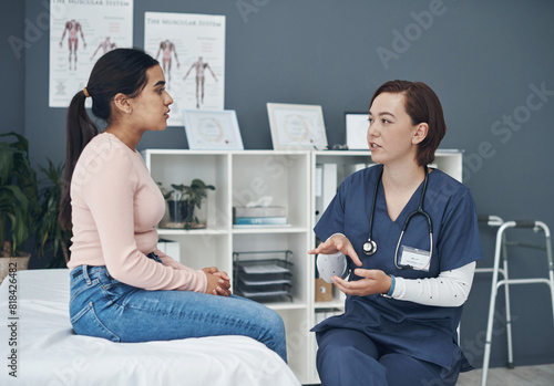 Fotografía Doctor, woman and patient speaking in office, reproductive health and consultation in checkup for diagnosis