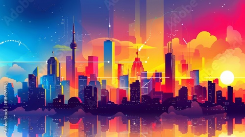 Bright poster design for job fair with modern city backdrop