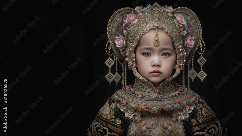 Studio portrait of a female child of royalty and nobility. A born leader. Youthful leader. A headdress of gold and flowers. An abundance of inherited riches. Copy space.