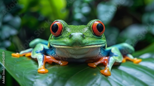 Vivid Red-Eyed Tree Frog in a Lush Green Forest