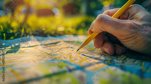 Detailed street map being annotated with a bright yellow pencil outdoors