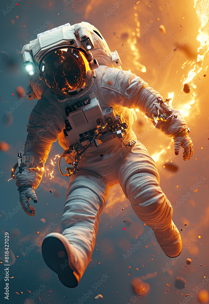 a person in a space suit is circling in space, in the style of dark orange and light amber, ethereal light effects. a person in a space suit is circling in space, in the style of dark orange and light amber, ethereal light effects.