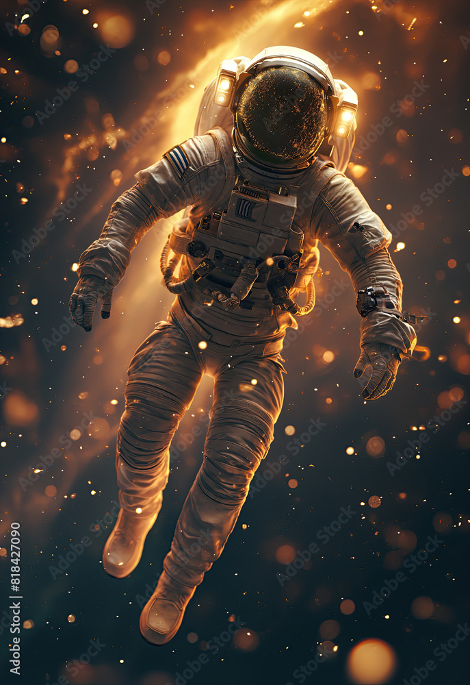 a person in a space suit is circling in space, in the style of dark orange and light amber, ethereal light effects.