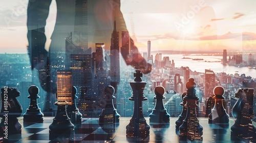 Businessman moving chess piece on board with double exposure of city skyline, photo