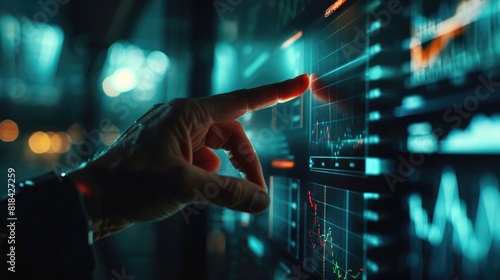 Close up of a hand touching a digital screen displaying stock market charts and graphs with a blurry background