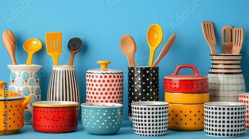 Funky color blocks and patterns on traditional kitchenware