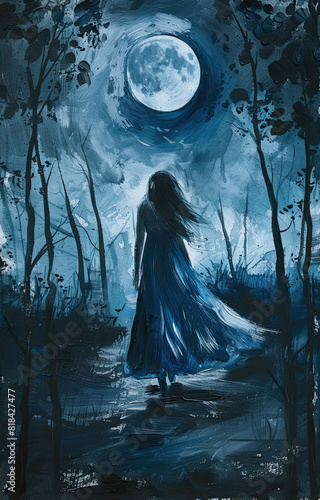 A lady in blue dress walks in the woods and is under the full moon, in the style of ethereal brushstrokes, dark white and dark gray