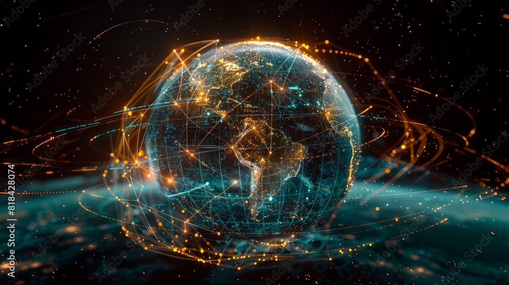 Blue and gold data streams circling a detailed globe Blue and gold data streams circling a detailed globe