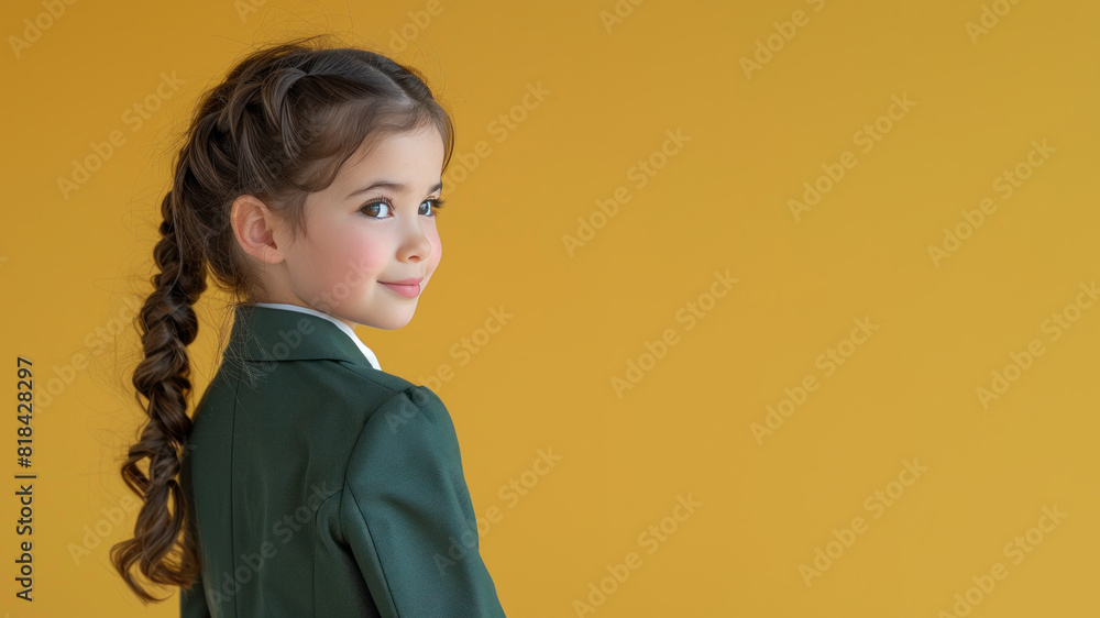 Latin school girl student in green uniform smiling isolated on pastel Latin school girl student in green uniform smiling isolated on pastel