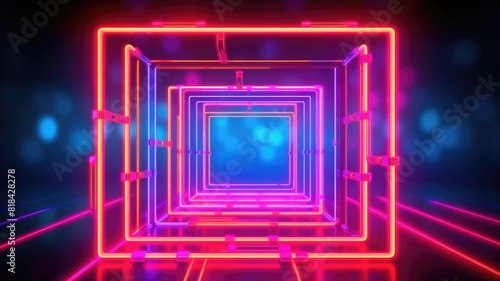 Futuristic neon light portal in a reflective surface. Luminous neon light portal with square shape with black background. Modern abstract background for technology and entertainment design. AIG35.