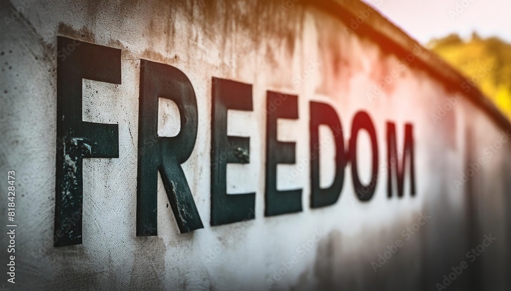 Freedom Sign on Weathered Wall in Sunlight Freedom Sign on Weathered Wall in Sunlight