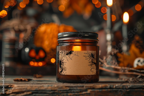 A blank label on the front of an amber glass candle jar, with a burning wick and smoke rising from it, sitting in a Halloween themed environment with pumpkins and leaves around it. photo