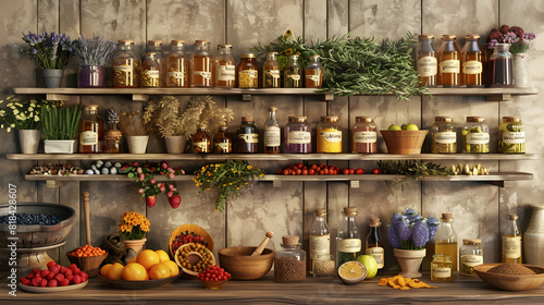 Nature's Pharmacy: A Display of Traditional Home Remedies in Rustic Setting