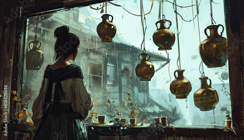 A woman with long  dark hair standing at a window. She wears a white dress and looks out the window lost in thought. There are vases on the window sill.