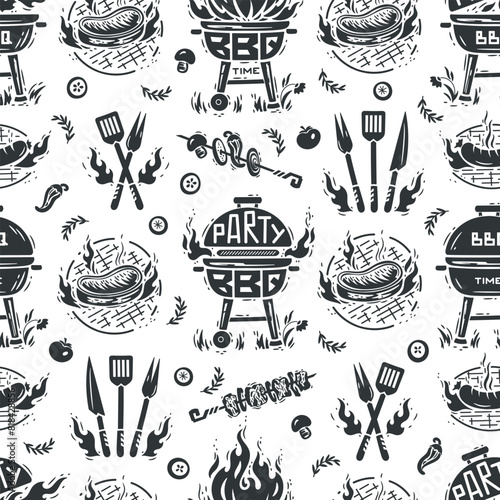 BBQ Time. Seamless Food Pattern. Portable Charcoal Grill and Barbecue Meat and Vegetable. Meat Kebab or Shashlik and Barbeque Vegetable Skewer. Hand drawing. Vector illustration
