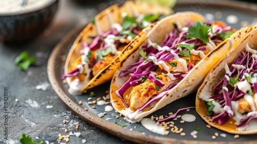 Colorful chicken tacos with white sauce and red cabbage on a plate, photo