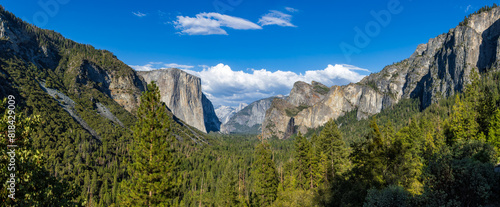 Panorama view of the Yosemite Valley from the tunnel entrance to the Valley. Yosemite National Park, California
