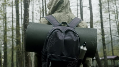 Wallpaper Mural Immersive Outdoor Experience: Back View Stock Footage of a Camper with Bedroll and Backpack, Embracing the Wilderness Adventure Ahead Torontodigital.ca